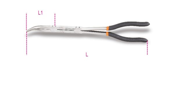 Curved extra-long, knurled double swivel nose pliers, 45°, slip-proof double layer PVC-coated handles