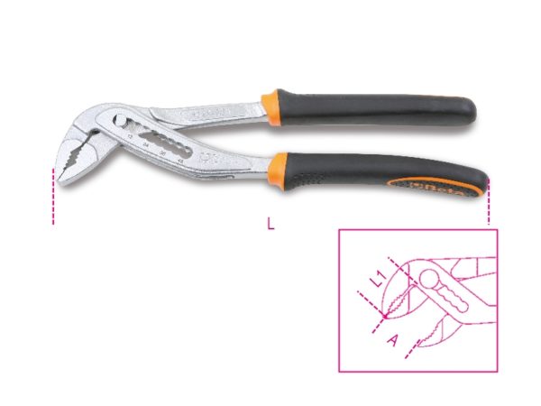 Slip joint pliers, boxed joint, bimaterial handles