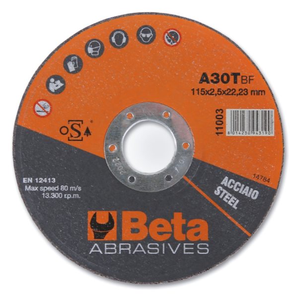 Abrasive steel cutting discs with flat centre