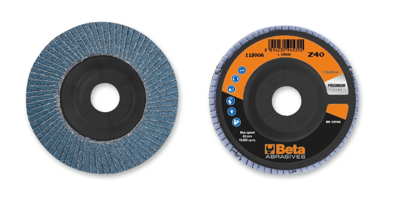 Flap discs with zirconia abrasive cloth, plastic backing pad, single flap construction category image