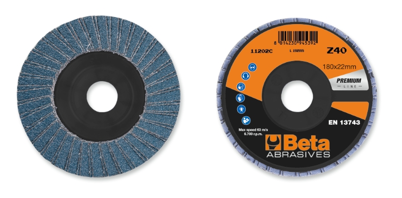 Flap discs with zirconia abrasive cloth, fibreglass backing pad, single flap construction category image
