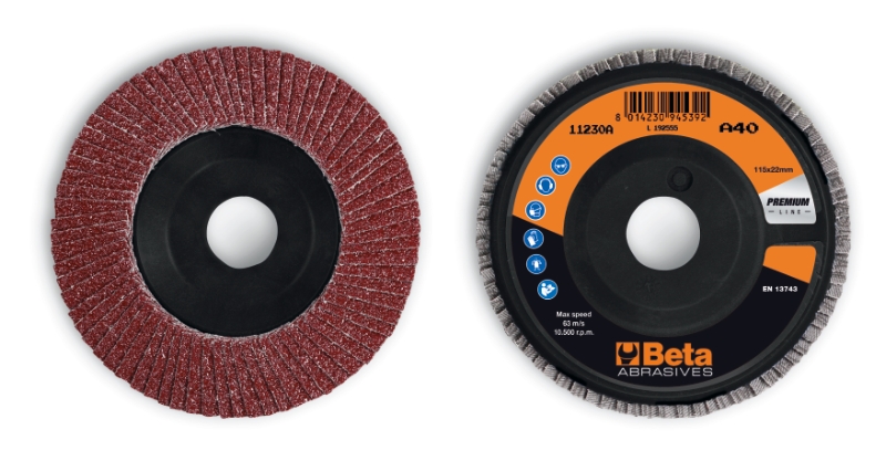 Flap discs with corundum abrasive cloth, plastic backing pad, single flap construction category image