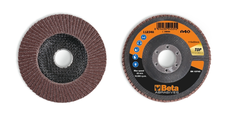 Flap discs with corundum abrasive cloth, fibreglass backing pad, single flap construction category image