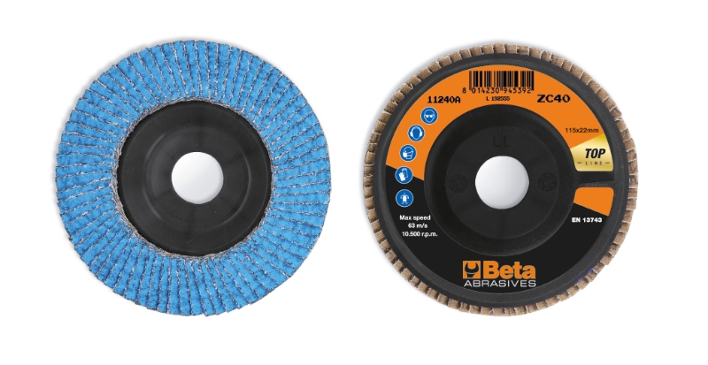 Flap discs with ceramic-coated zirconia abrasive cloth, plastic backing pad and single flap construction category image