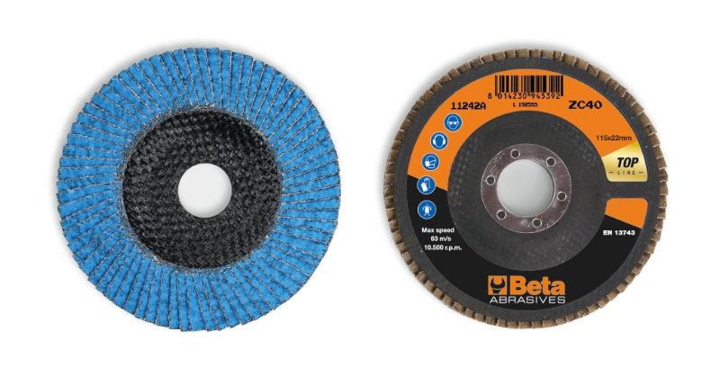 Flap discs with ceramic-coated zirconia abrasive cloth, fibreglass backing pad and single flap construction category image