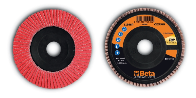 Flap discs with ceramic-coated abrasive cloth, plastic backing pad and single flap construction category image
