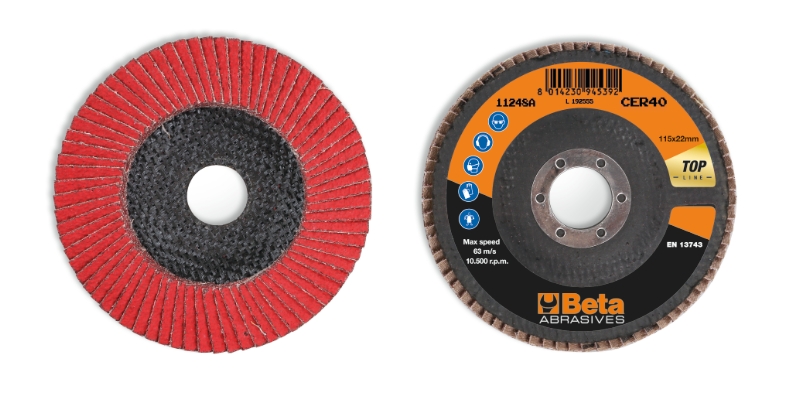 Flap discs with ceramic-coated abrasive cloth, fibreglass backing pad and single flap construction category image
