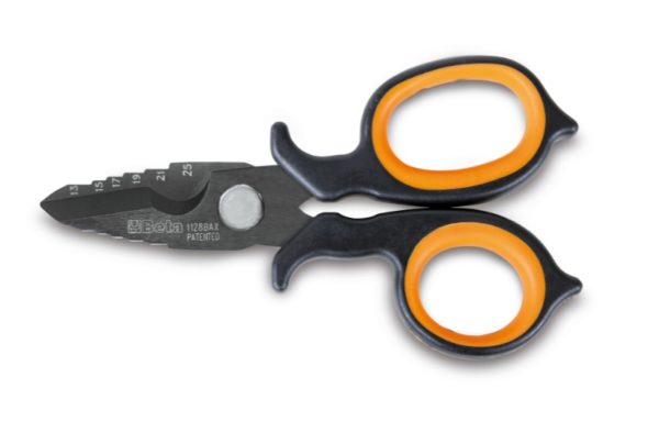 Double-acting electricians' scissors, with milling profiles in DLC-coated stainless steel