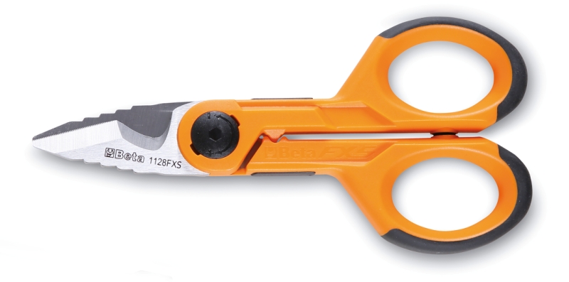 Electrician’s scissors with graduated milling profiles, straight stainless steel blades, with microteeth, cable cutting groove and crimping pliers for tube terminals category image
