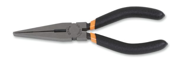 ​Extra-long flat knurled nose pliers, slip-proof double layer PVC coated handles, industrial finish