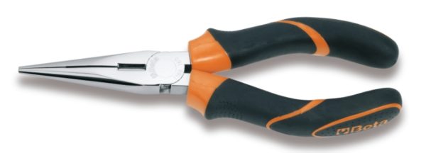 Extra-long needle knurled nose pliers, chrome-plated, bi-material handles