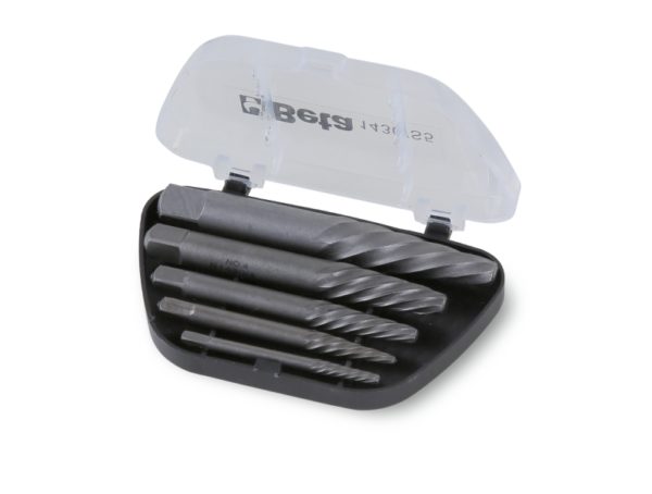 Set of 5 tapered extractors for brown screws and studs, made from hardened steel (item 1430/..), in case