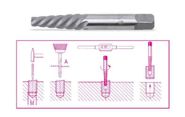 Tapered extractors for broken screws and studs made from hardened and tempered steel