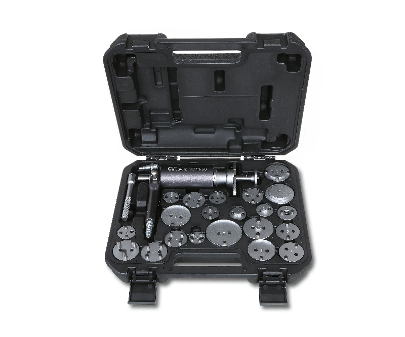Pneumatic tool for pushing back and rotating right and left disc brake pistons with accessories in plastic case category image