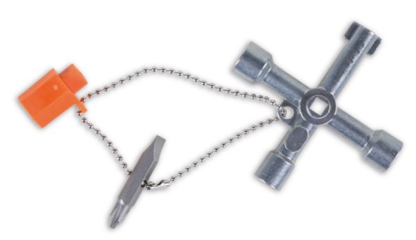 Four-way wrench for control panel operators