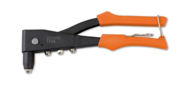 Riveting pliers supplied with 4 interchangeable nozzles