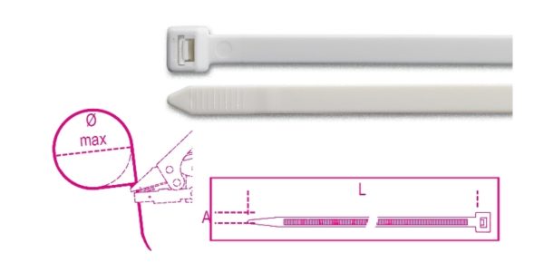 Self-extinguishing nylon cable ties, white
