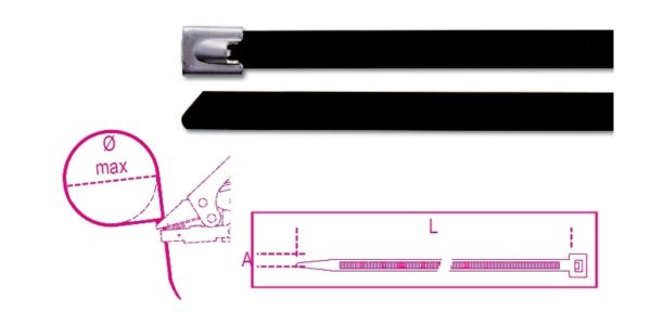 Self-locking stainless steel cable ties, black polyester coating