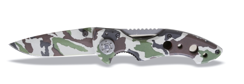 Camouflage foldaway knife, hardened steel blade, in case category image