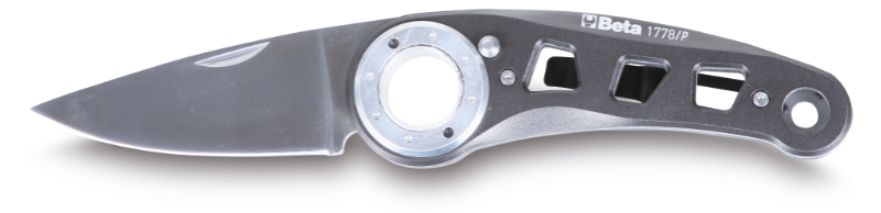 Foldaway knife, stainless steel and aluminium blade and handle, with push button opening mechanism category image