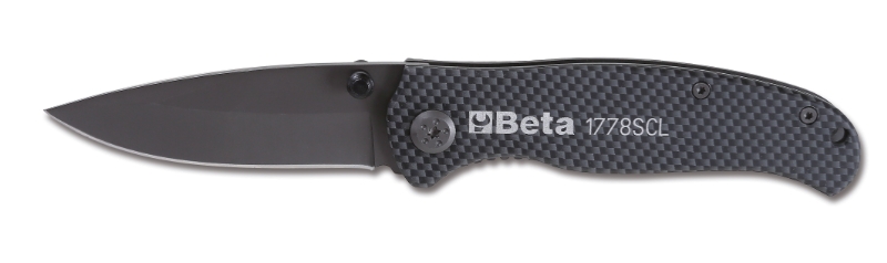 Foldaway knife with soft carbon look finish hardened steel blade in case category image