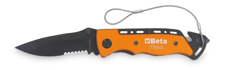 Car service knife with window breaking hammer and seat belt cutter features in case H-SAFE category image