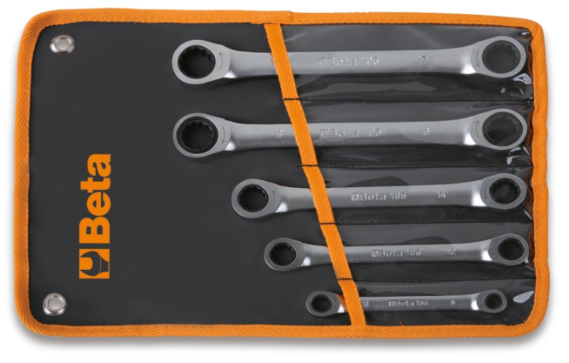 Set of 5 ratcheting double-ended flat bi-hex ring wrenches (item 195) in wallet category image