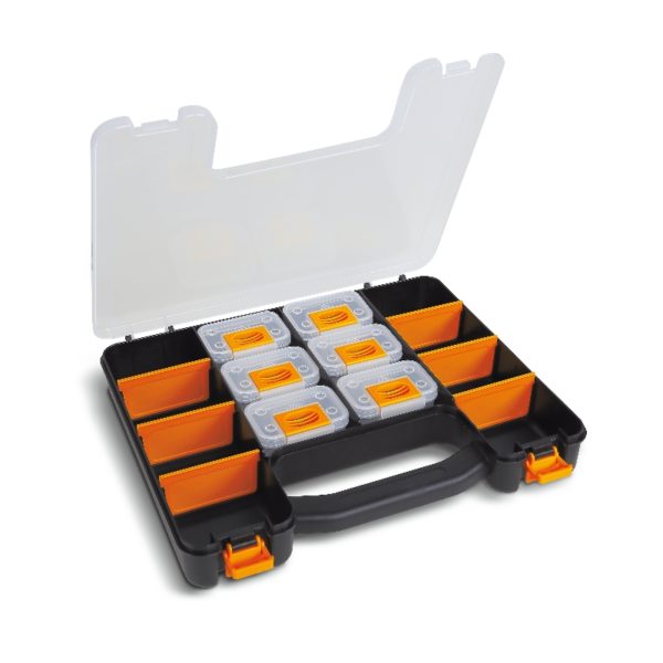 Organizer tool case with 6 removable tote-trays and adjustable partitions