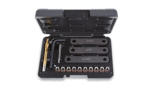 Tool assortment for repairing damaged threads on brake caliper brackets M9x1.25