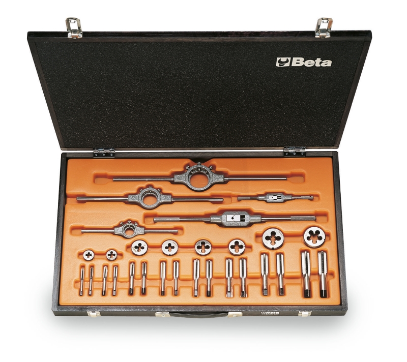 Assortment of chrome-steel taps and dies, UNF thread, and accessories in wooden case category image