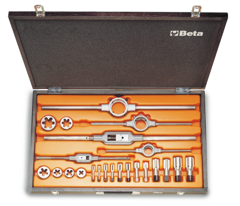 Assortment of chrome-steel taps and dies, cylindrical GAS thread, and accessories in wooden case category image