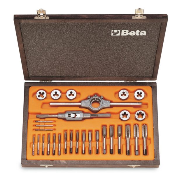 Assortment of chrome-steel taps and dies, metric thread, and accessories in wooden case