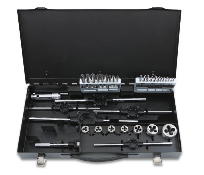 Assortment of HSS taps and dies, metric thread, and accessories in metal case category image