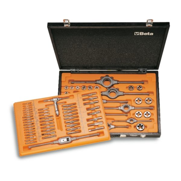 Assortment of HSS taps and dies, metric thread, and accessories for car repair jobs industrial maintenance in wooden case