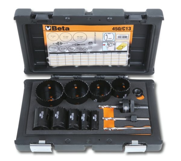 Assortment of holesaws and accessories for installers