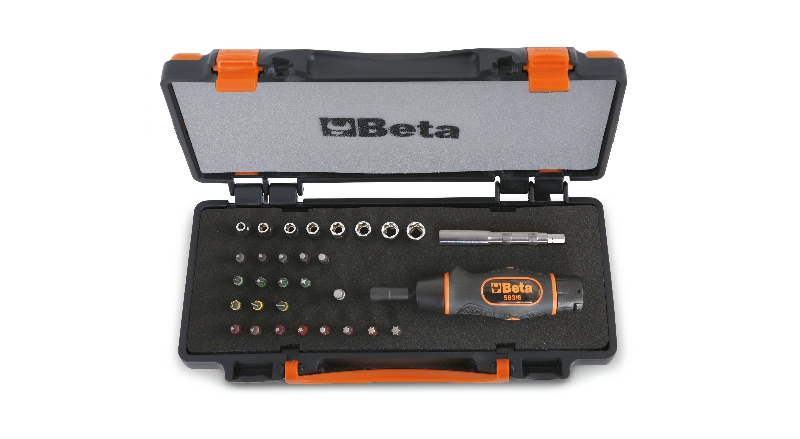 Assortment of 1 torque screwdriver, 8 hexagon hand sockets, 20 bits and 2 accessories in sheet metal case with soft thermoformed tray category image