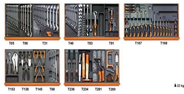Assortment of 153 tools for industrial maintenance in ABS thermoformed trays
