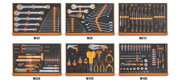 Assortment of 214 tools for universal use in EVA foam trays