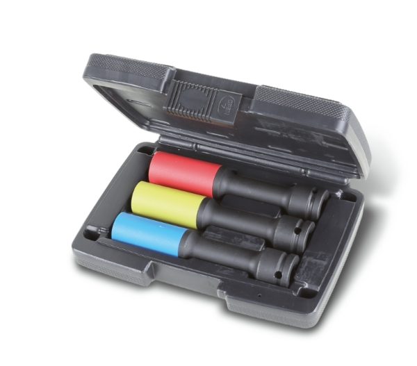 Set of 3 impact sockets for wheel nuts, long series, coloured, with polymeric inserts