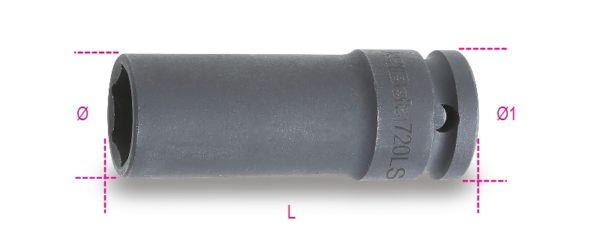 Impact sockets, 1/2" female drive, long, slim series phosphatized