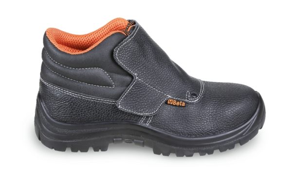 Lace-up leather ankle shoe, "welder style", water-repellent, with quick opening system and front protection with strap closure
