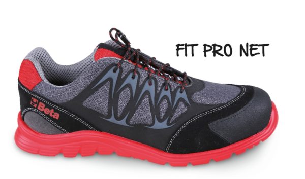 Mesh fabric shoe, highly breathable, with high-frequency PU inserts and protective toe cap reinforcement made of crust suede.
