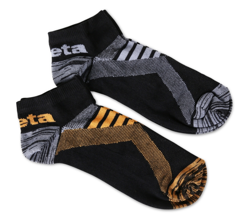 Two pairs of sneaker socks with breathable texture inserts One pair in black/orange colour and one pair in black/grey colour category image