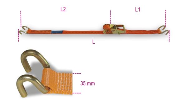 Ratchet tie down with double hook, LC 1000kg, high-tenacity polyester (PES) belt - Image 2