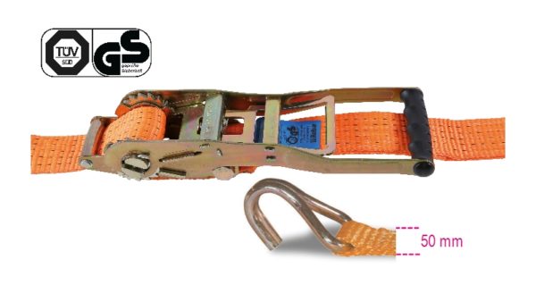 Reverse ratchet tie down, long lever, with single hook, LC 2500 kg, high-tenacity polyester (PES) belt