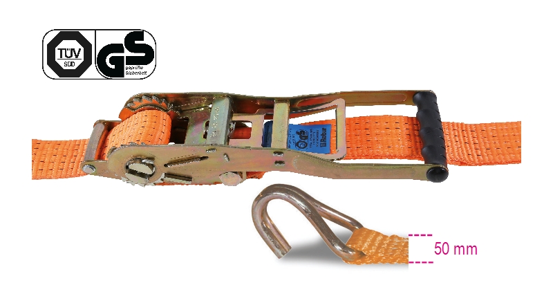 Reverse ratchet tie down, long lever, with single hook, LC 2500 kg, high-tenacity polyester (PES) belt category image
