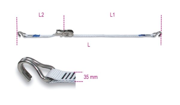 Ratchet tie downs AISI 304 high-tenacity polyester belt, LC 300 kg, with hooks - Image 2
