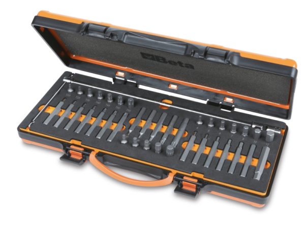 Assortment of 38 hexagon bits, 10 mm, and 1 bit holder with articulated T handle, in soft foam tray and metal case - Image 2