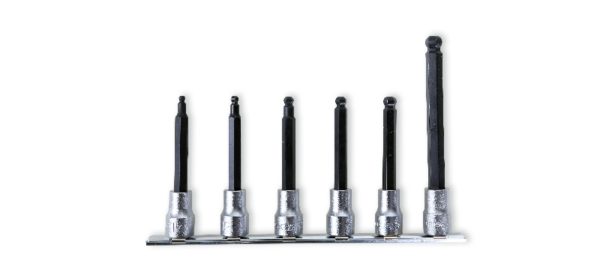 Set of ball head socket drivers for hexagon screws with 3/8" female drive, chrome-plated - burnished inserts