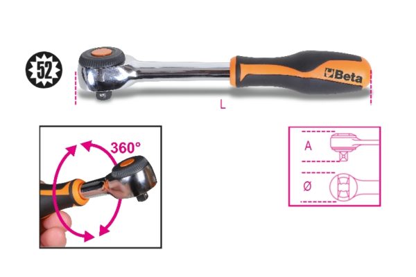 3/8" drive reversible ratchet with rotating handle, 52 tooth mechanism